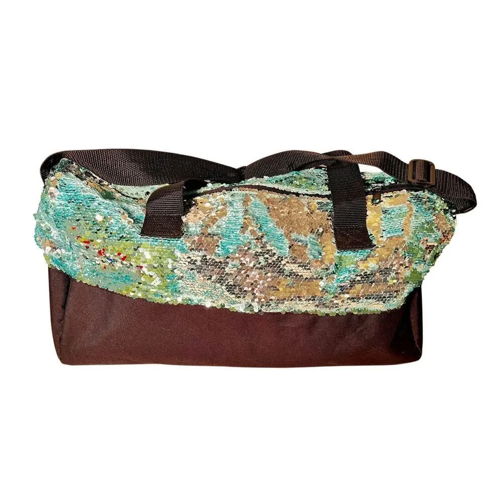 Justice Sequin Shimmer Girls Dance Duffel Bag Shoulder Strap Silver Aqua Black